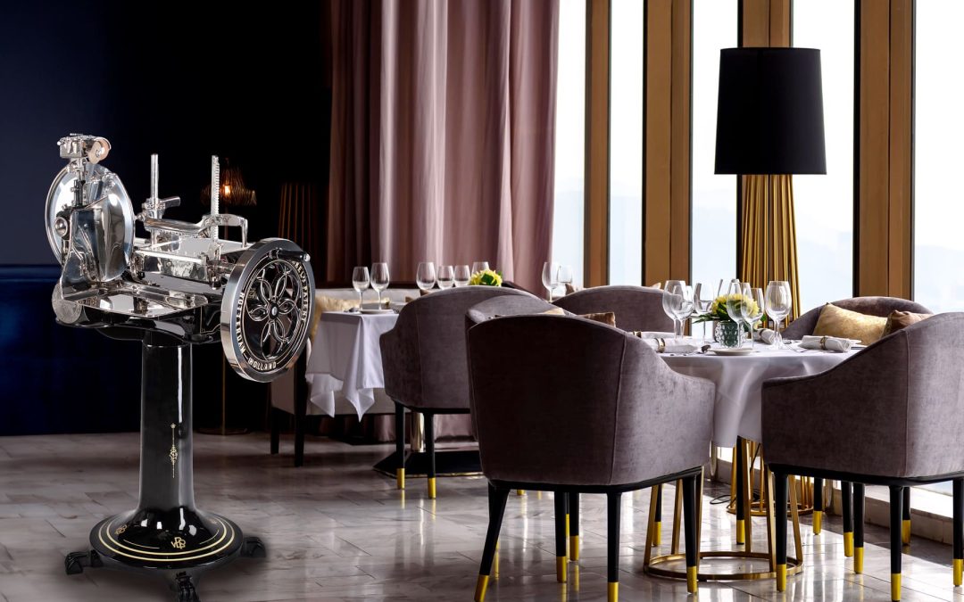 Restored vintage Berkel slicer as a luxury restaurant interior design feature